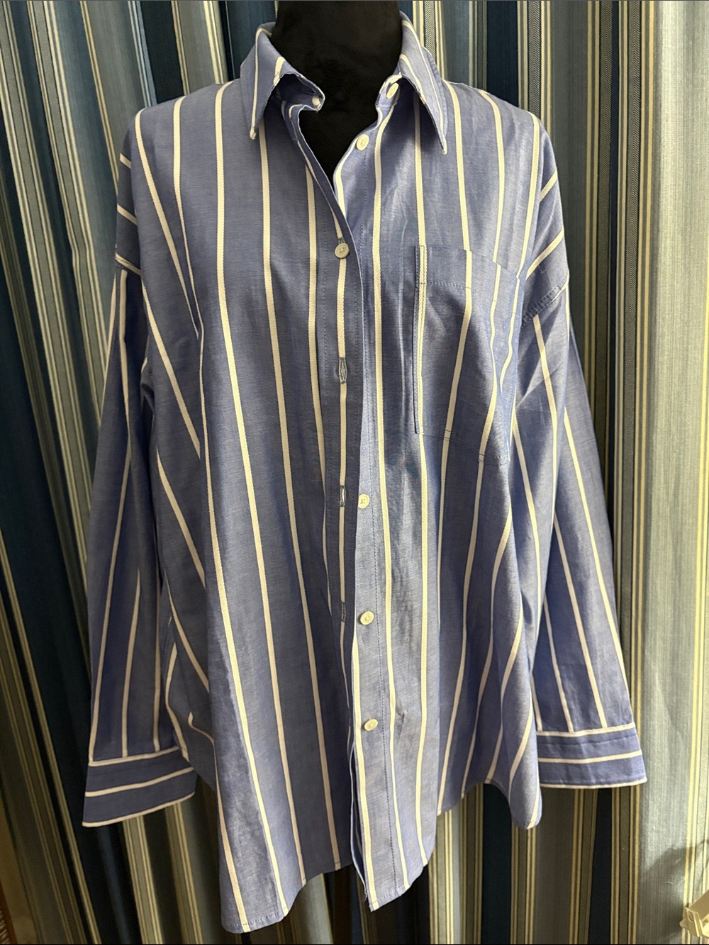 J. Crew Relaxed Blue Shirt with White Vertical Stripes